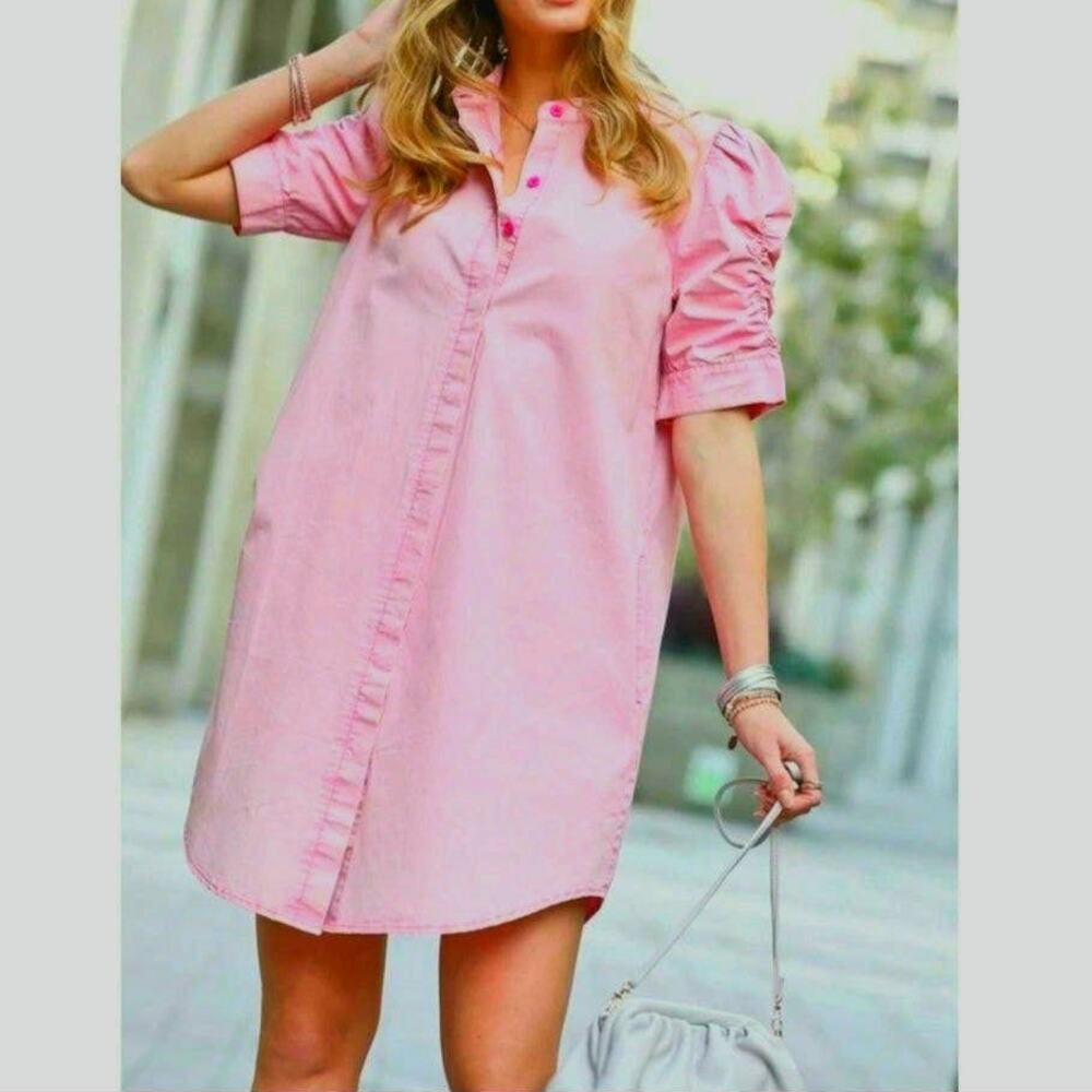 Mazek EUC lightweight Cotton denim shirt mini dress with pockets Small pink